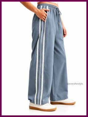 Lace Trim Wide Leg Sweatpants Drawstring Cotton Blend Track Pants